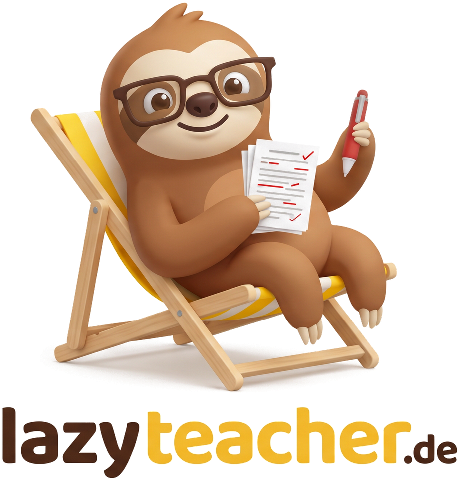 Illustration: Ein entspanntes Faultier mit Brille sitzt im Liegestuhl und hält bereits korrigierte Arbeitsblätter samt Rotstift in der Hand.